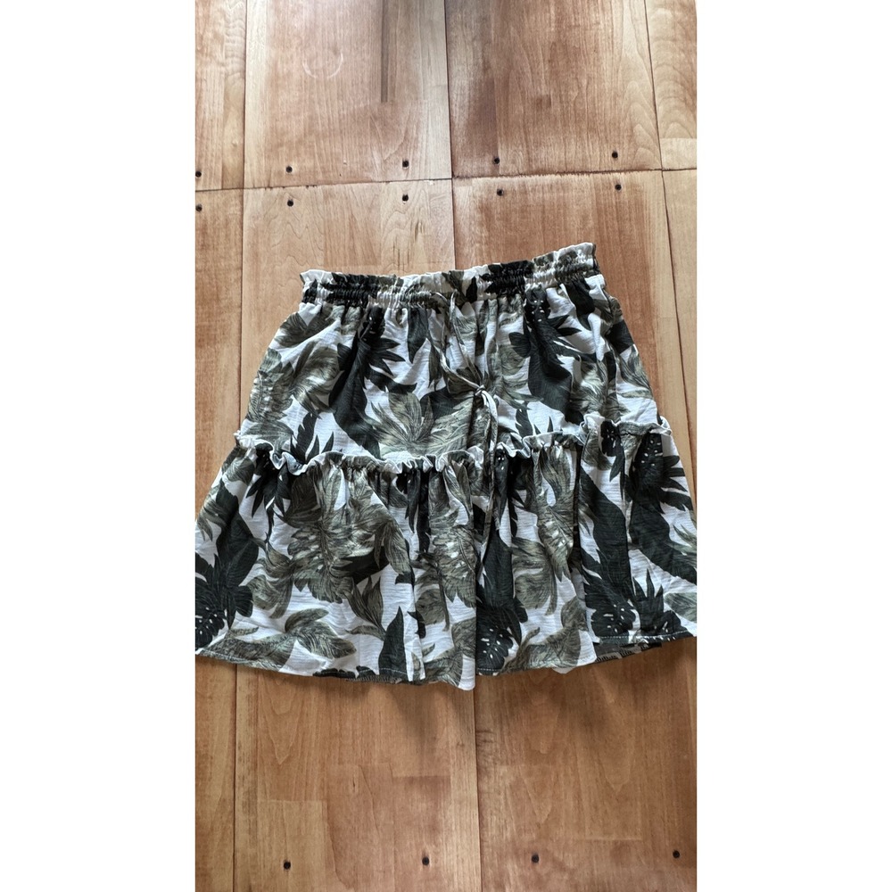 Tropical Leaf Print Tiered Mini Skirt Green White XL Elastic Waist Drawstring